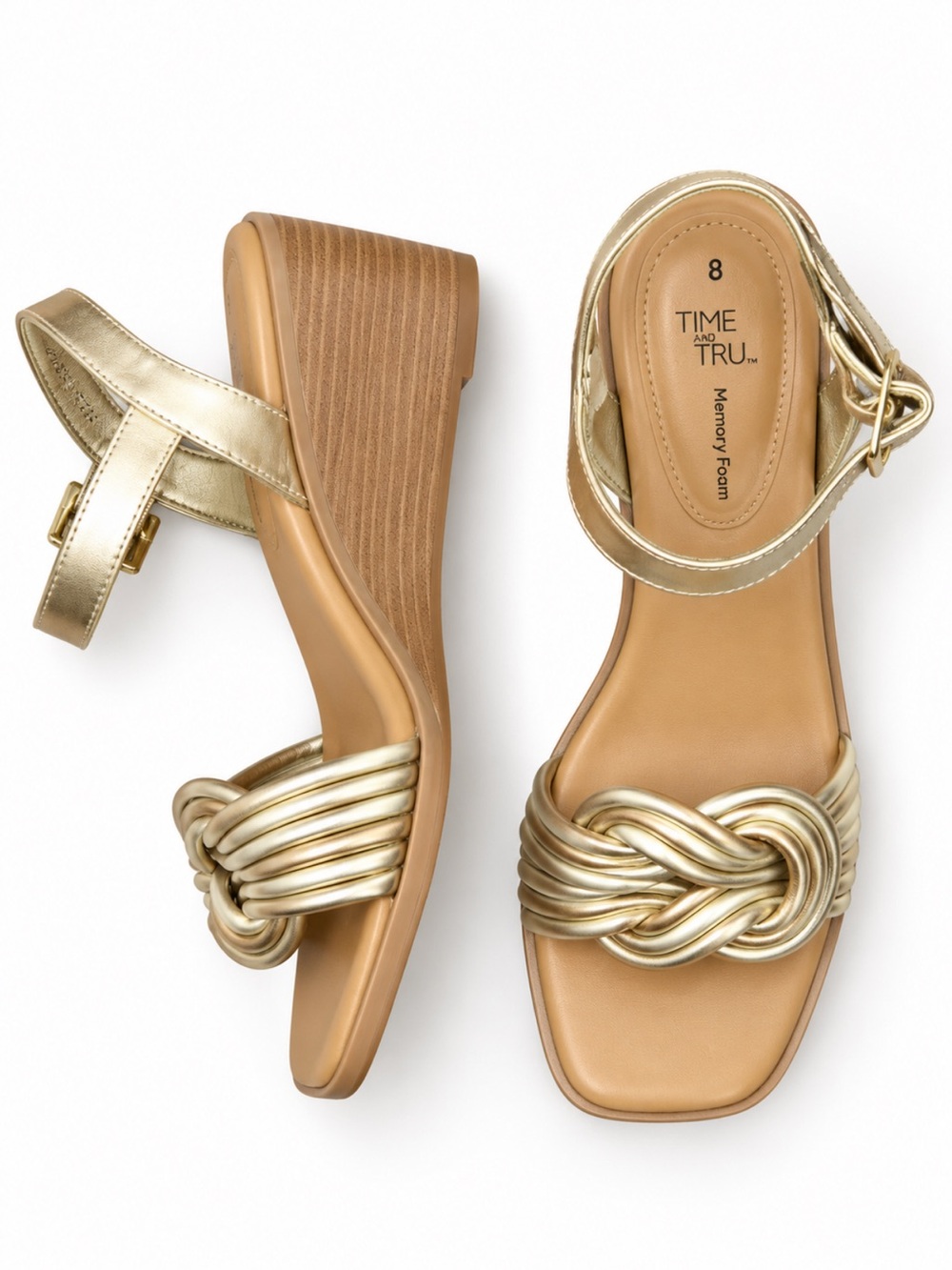 Time and Tru Metallic Gold Knot Wedge Sandals